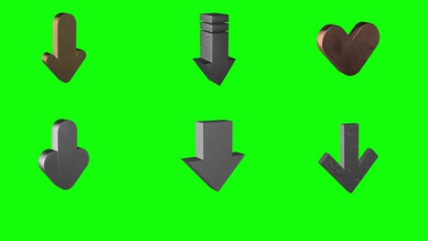 6-different-metal-arrows-pointing-down-green-screen